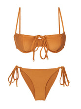 Charger l'image dans la galerie, Product Front: Rio De Sol Ensemble Set Shimmer-Nocciola Balconet-Tie Cheeky-Tie-Gold
